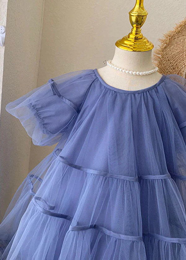 Stylish Blue O-Neck Ruffled Patchwork Tulle Kids Girls Dresses Summer - Image 4