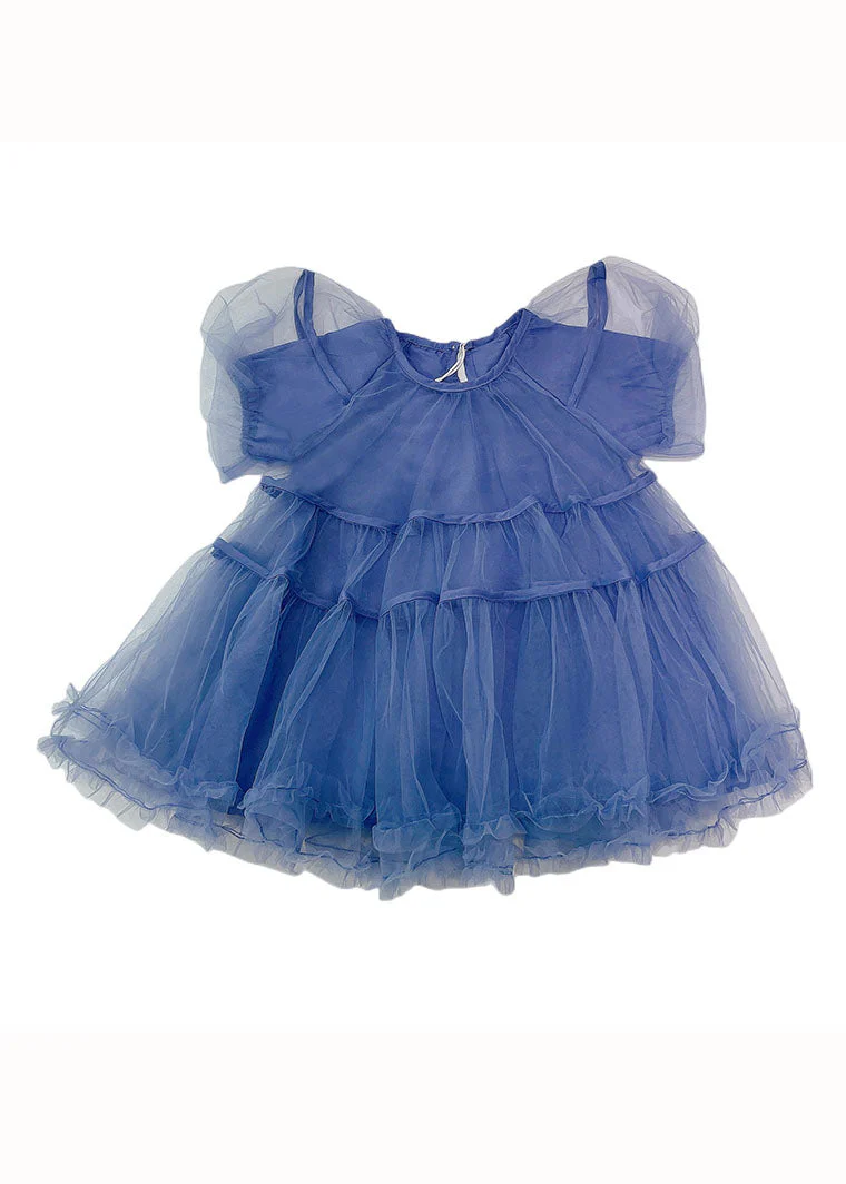 Stylish Blue O-Neck Ruffled Patchwork Tulle Kids Girls Dresses Summer - Image 5