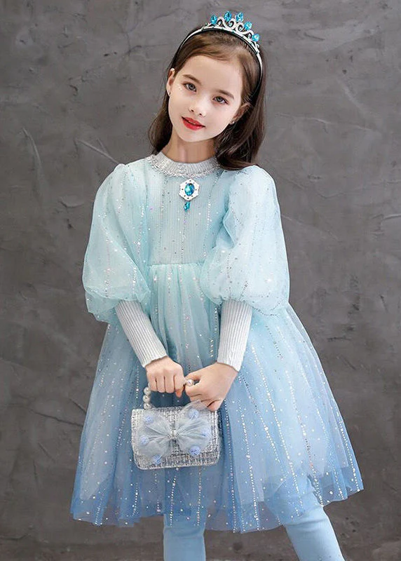 Stylish Blue O Neck Sequins Patchwork Tulle Baby Girls Princess Dress Fall - Image 2