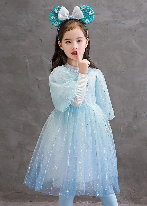 Stylish Blue O Neck Sequins Patchwork Tulle Baby Girls Princess Dress Fall - Image 4