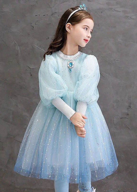 Stylish Blue O Neck Sequins Patchwork Tulle Baby Girls Princess Dress Fall - Image 5