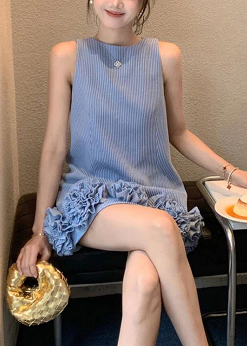 Stylish Blue O Neck Striped Floral Cotton Mini Dresses Sleeveless - Image 3