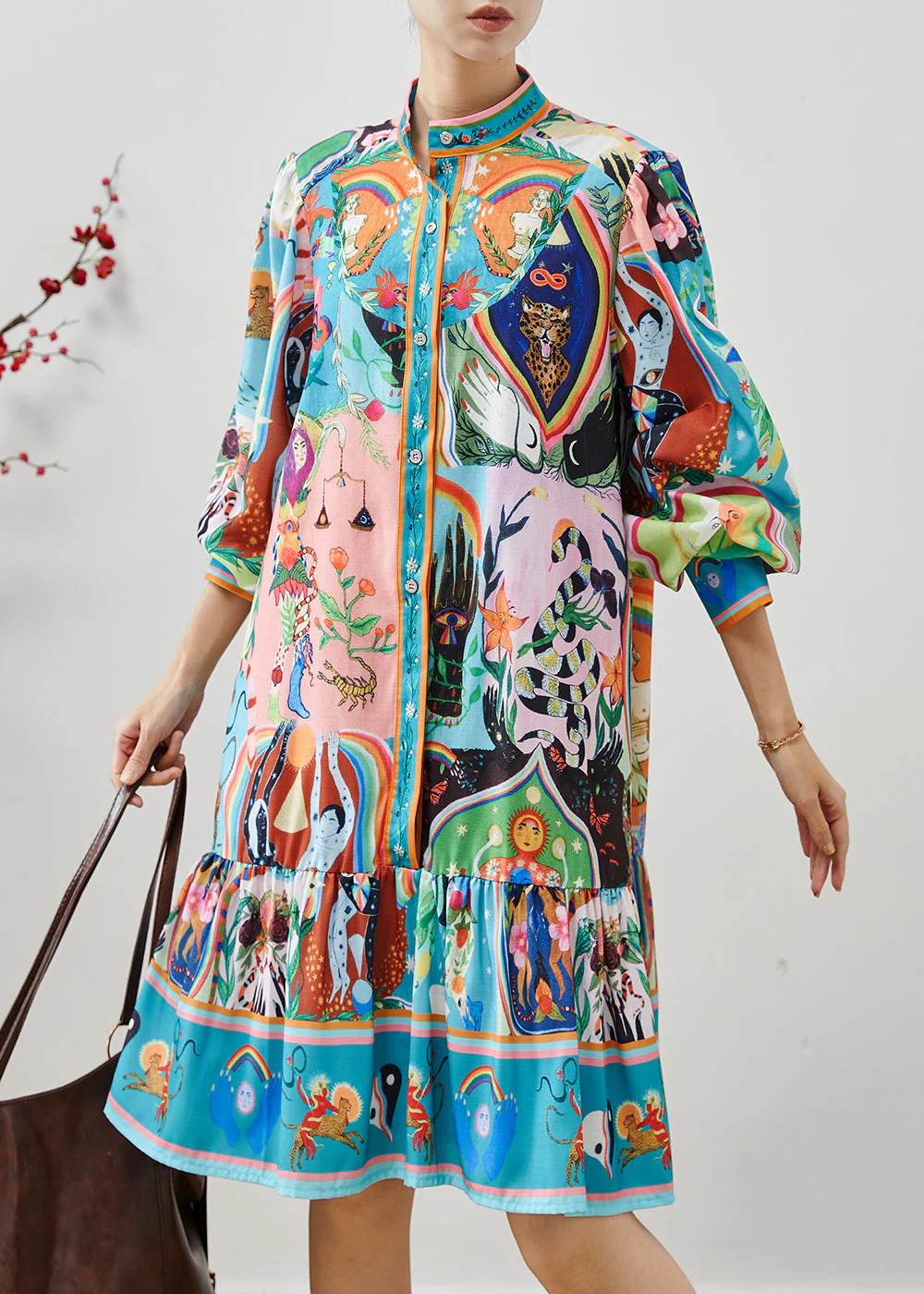 Stylish Blue Original Design Print Cotton Tea Dress Fall - Image 2