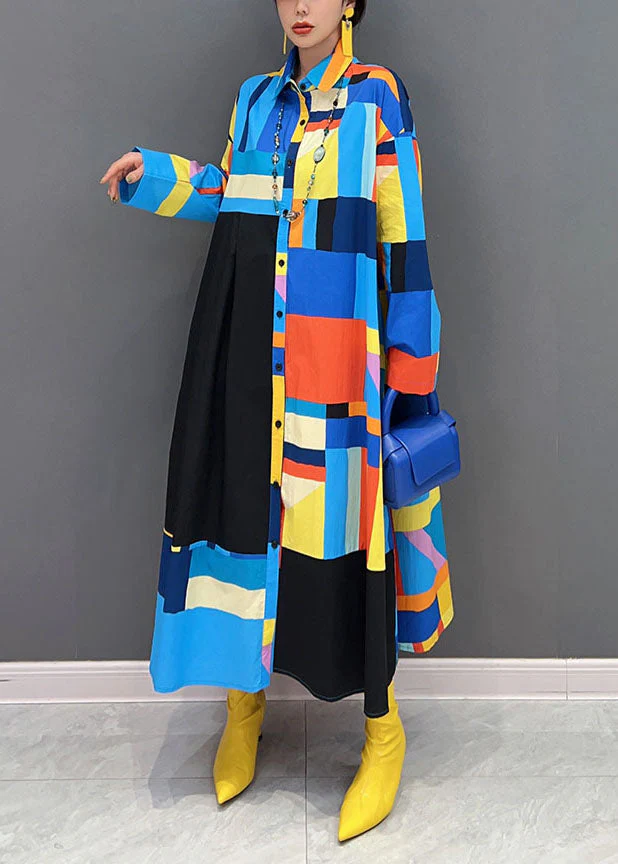 Stylish Blue Oversized Patchwork Exra Large Hem Cotton Shirt Dress Spring - Image 2