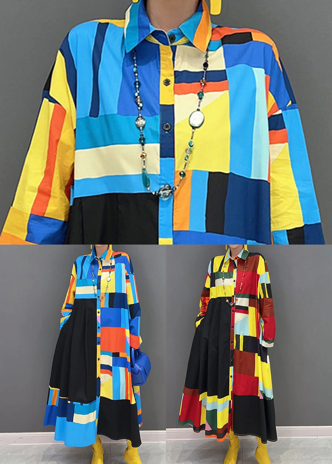 Stylish Blue Oversized Patchwork Exra Large Hem Cotton Shirt Dress Spring - Image 5