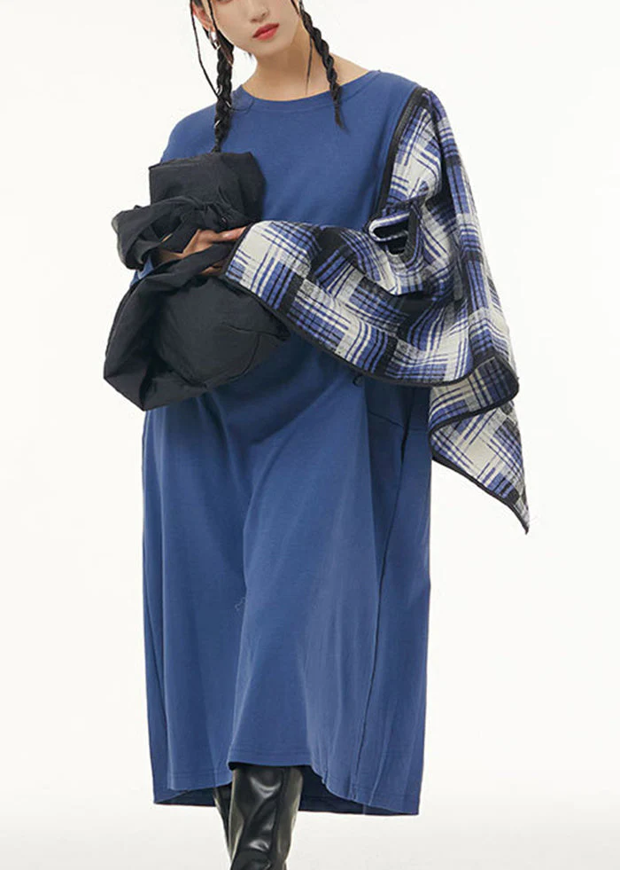 Stylish Blue Oversized Patchwork Shawl Cotton Long Dress Spring - Image 2