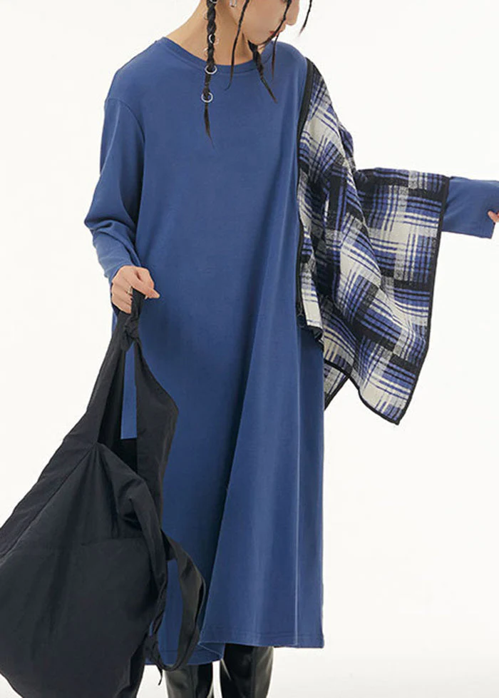Stylish Blue Oversized Patchwork Shawl Cotton Long Dress Spring - Image 3