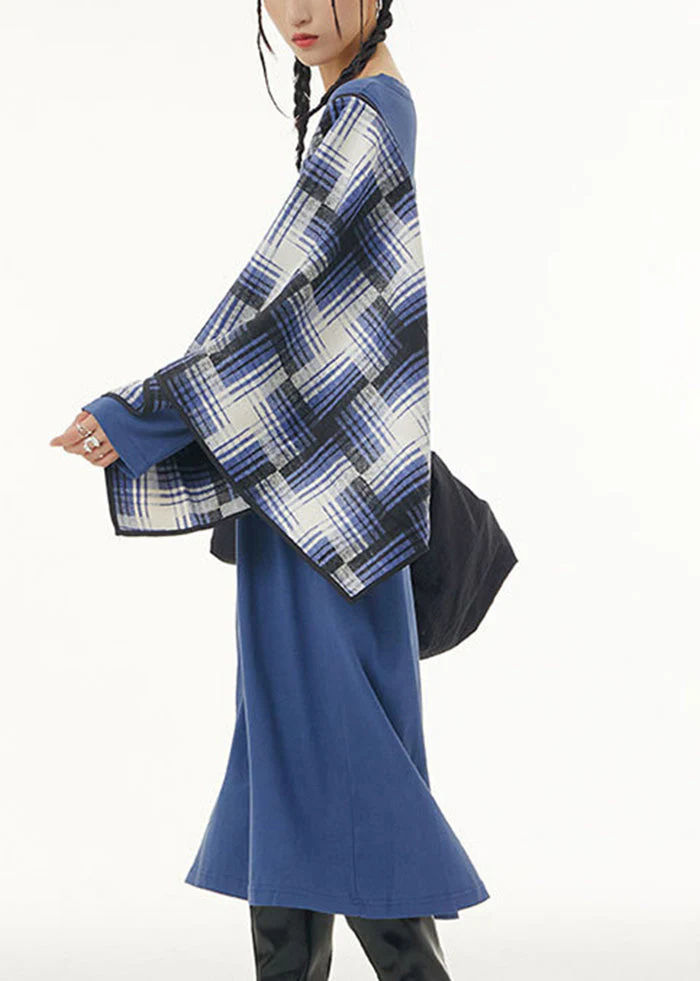 Stylish Blue Oversized Patchwork Shawl Cotton Long Dress Spring - Image 4
