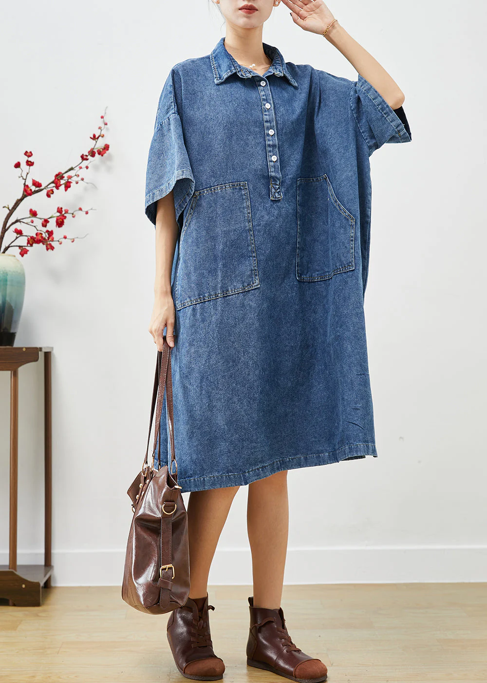 Stylish Blue Oversized Pockets Denim Holiday Dress Fall - Image 2