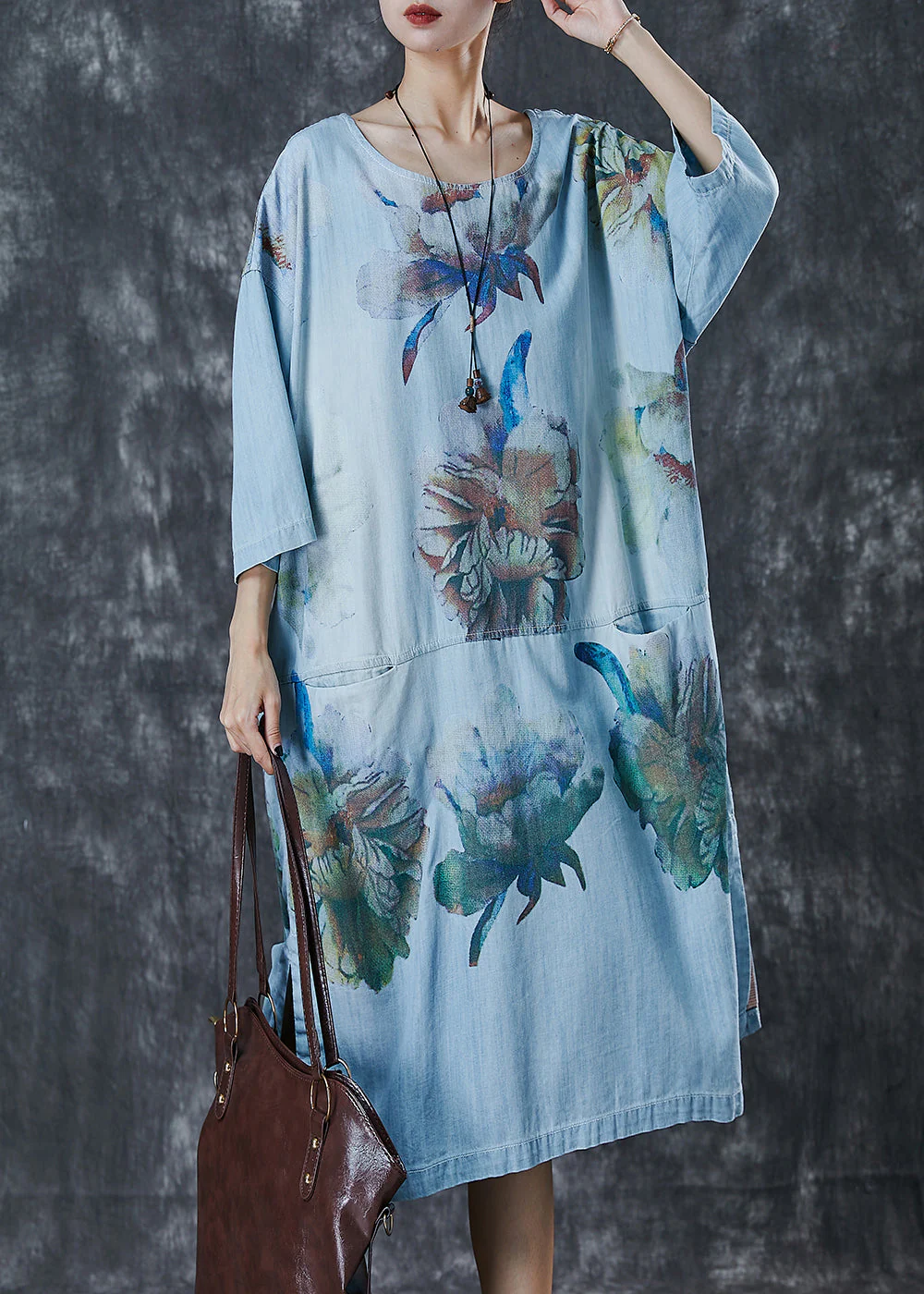 Stylish Blue Oversized Print Denim Robe Dresses Spring - Image 2