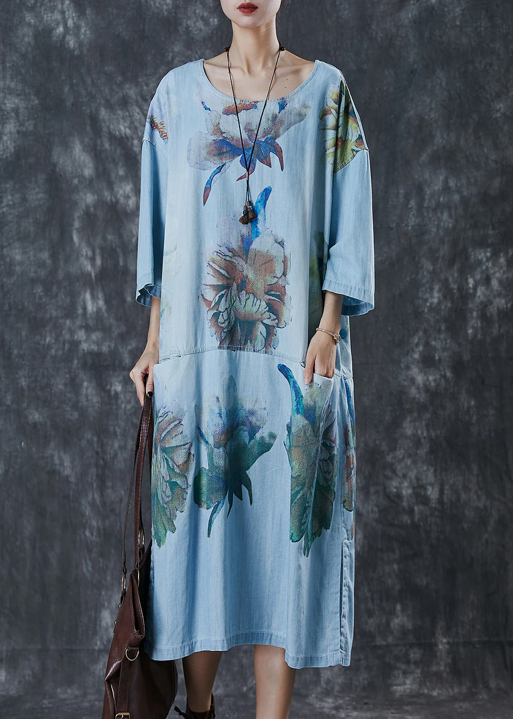 Stylish Blue Oversized Print Denim Robe Dresses Spring - Image 3