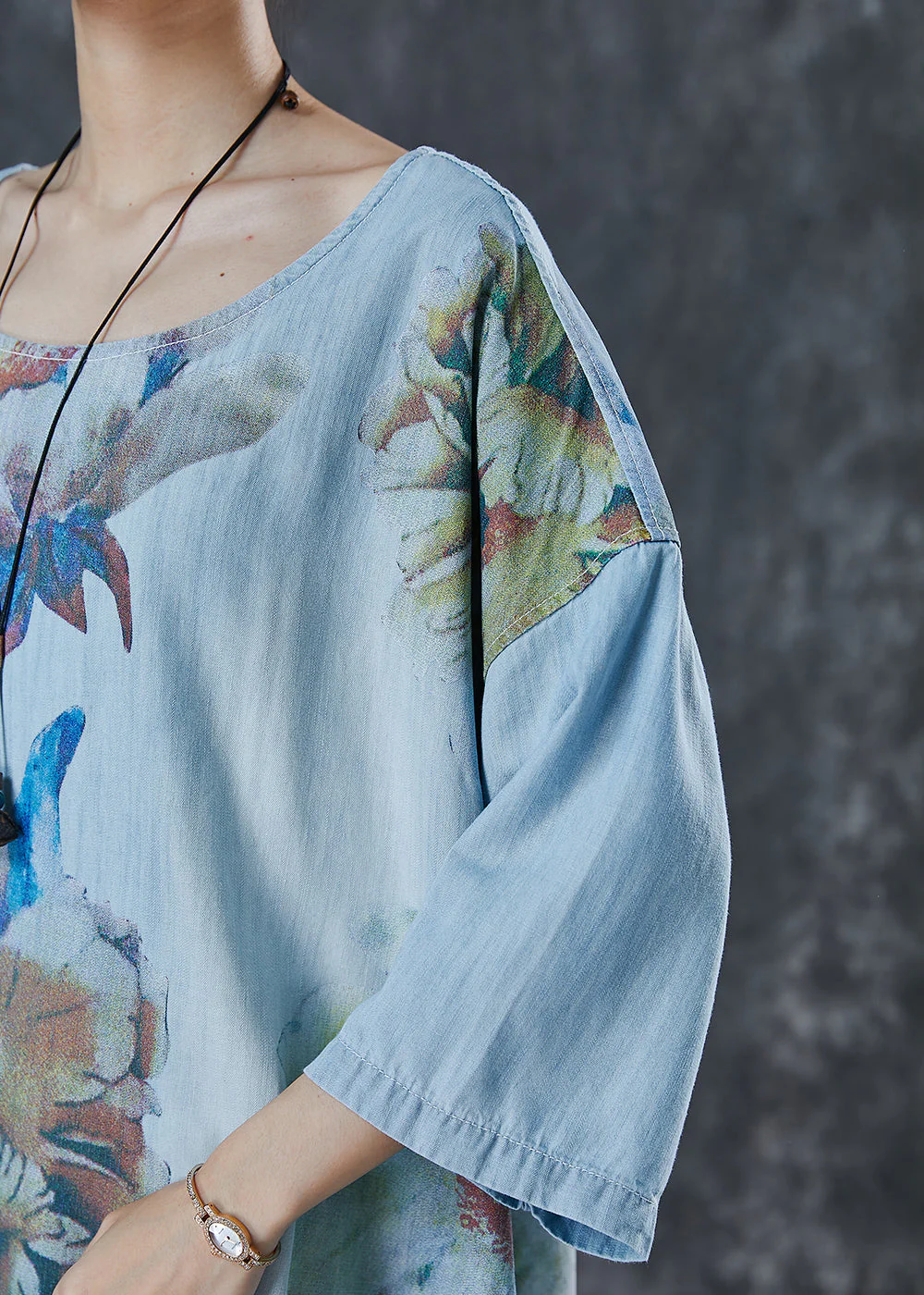 Stylish Blue Oversized Print Denim Robe Dresses Spring - Image 5