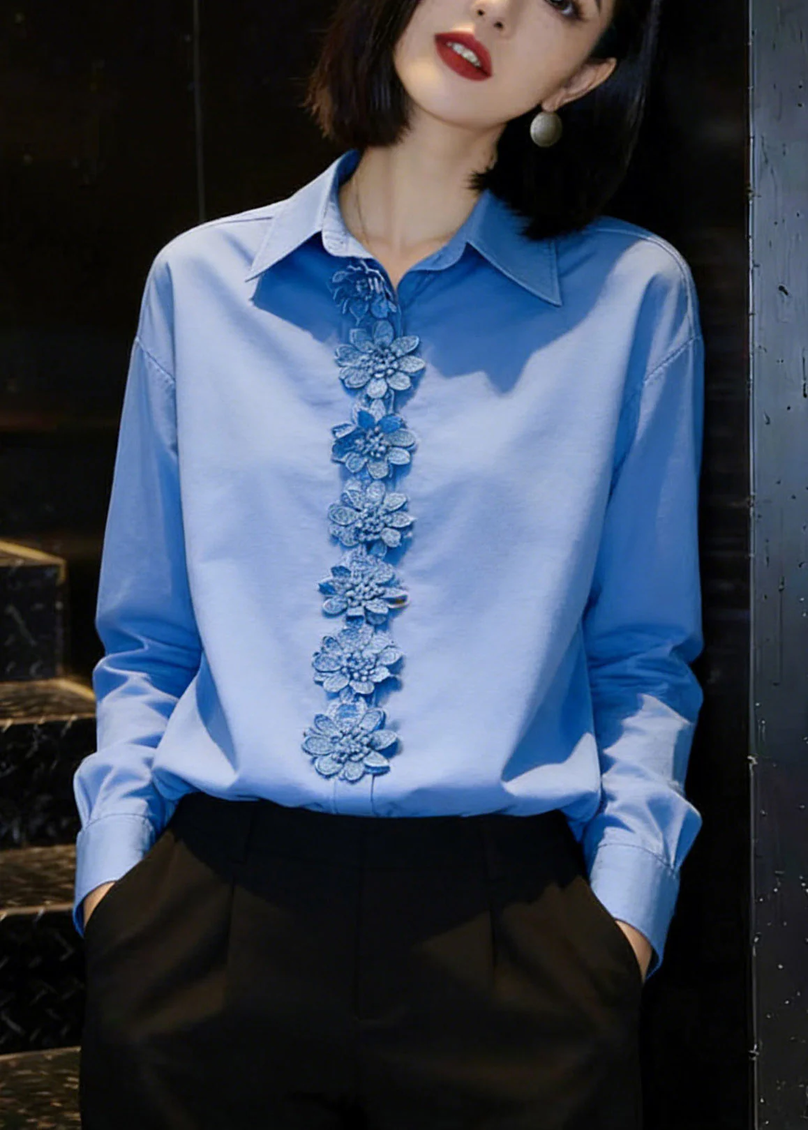 Stylish Blue Peter Pan Collar Floral Shirts Spring - Image 3