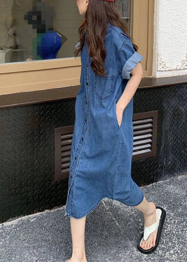 Stylish Blue Peter Pan Collar Patchwork Denim Shirts Dresses Fall - Image 2