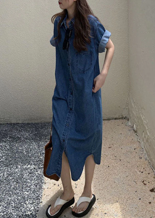 Stylish Blue Peter Pan Collar Patchwork Denim Shirts Dresses Fall - Image 3