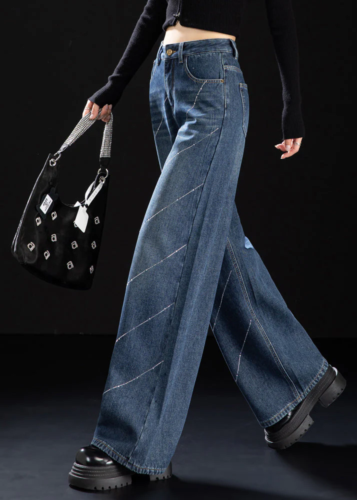 Stylish Blue Pockets Zircon Warm Fleece Denim Pants Winter - Image 3