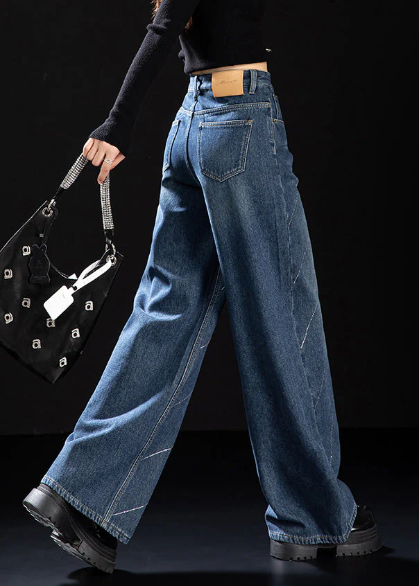 Stylish Blue Pockets Zircon Warm Fleece Denim Pants Winter - Image 4