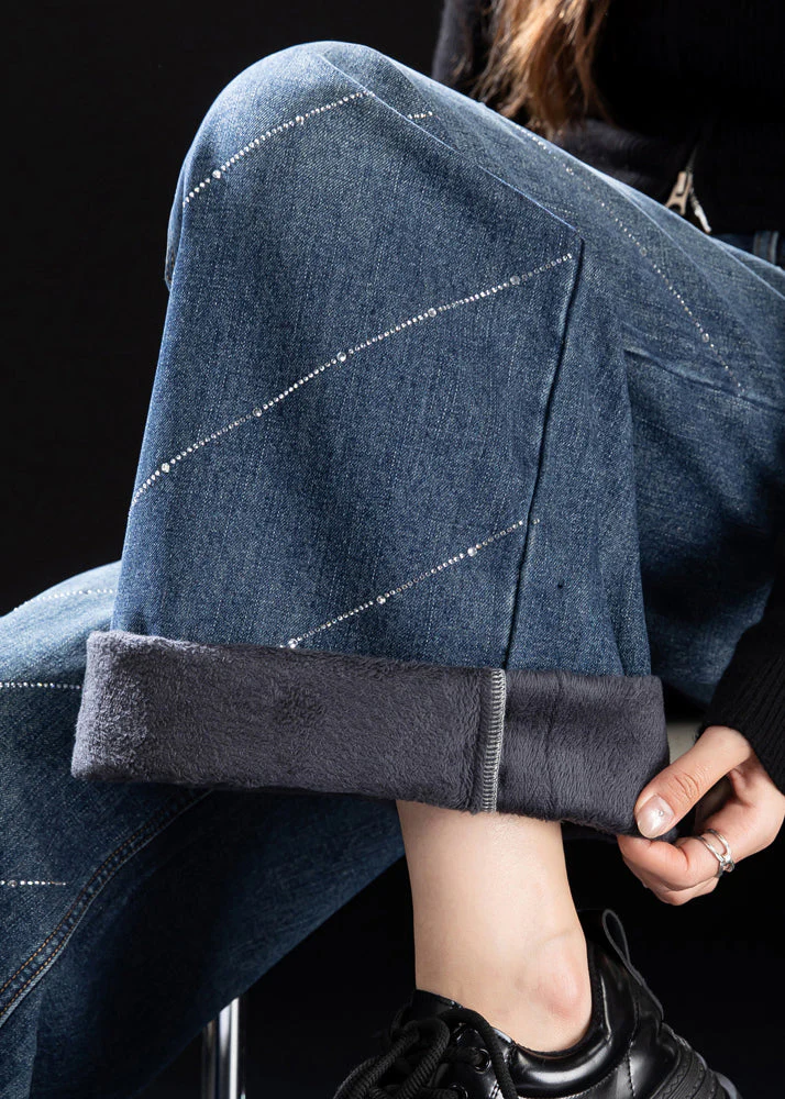 Stylish Blue Pockets Zircon Warm Fleece Denim Pants Winter - Image 5