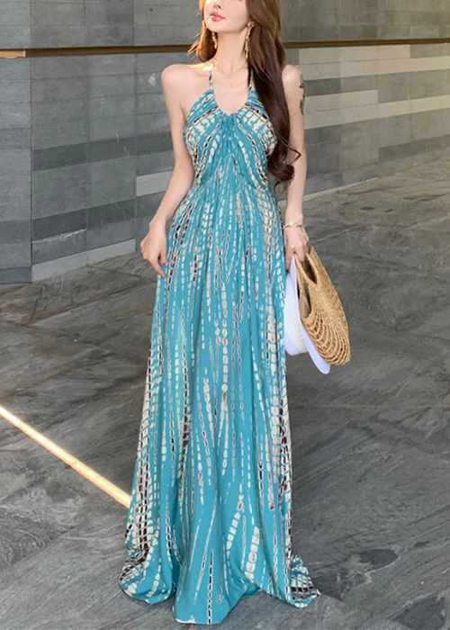 Stylish Blue Print Backless Cotton Vacation Dress Sleeveless - Image 3