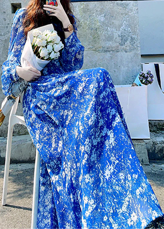 Stylish Blue Print High Waist Side Open Long Dresses Spring - Image 3