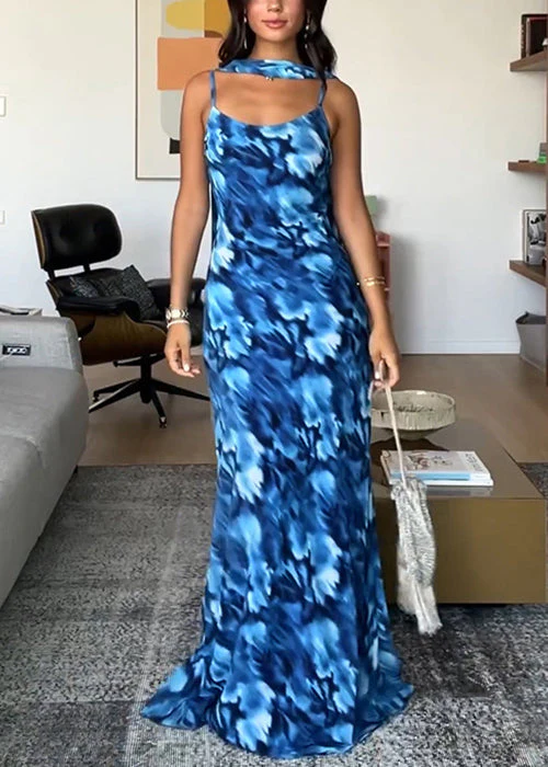Stylish Blue Print Lace Up Tulle Spaghetti Strap Dress Sleeveless - Image 3