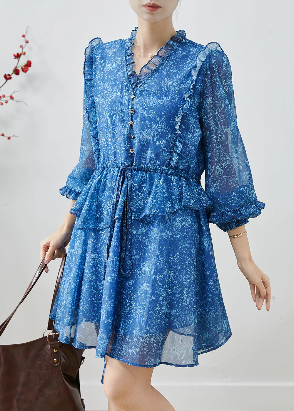 Stylish Blue Ruffled Print Chiffon Cinched Dresses Fall - Image 2