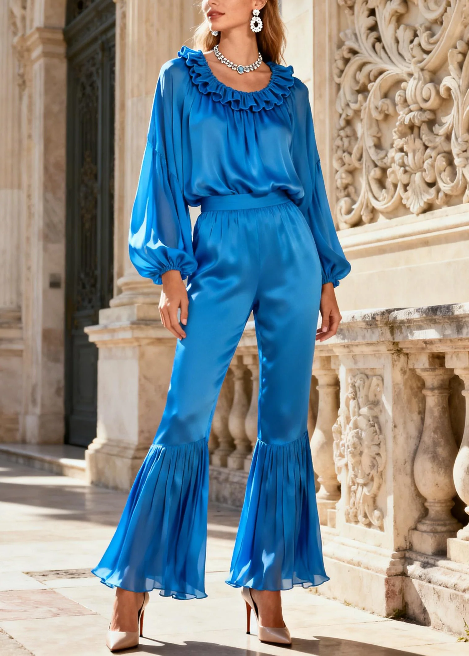 Stylish Blue Ruffled Tops And Flare Bottoms Silk Two Pieces Set Spring - Image 3