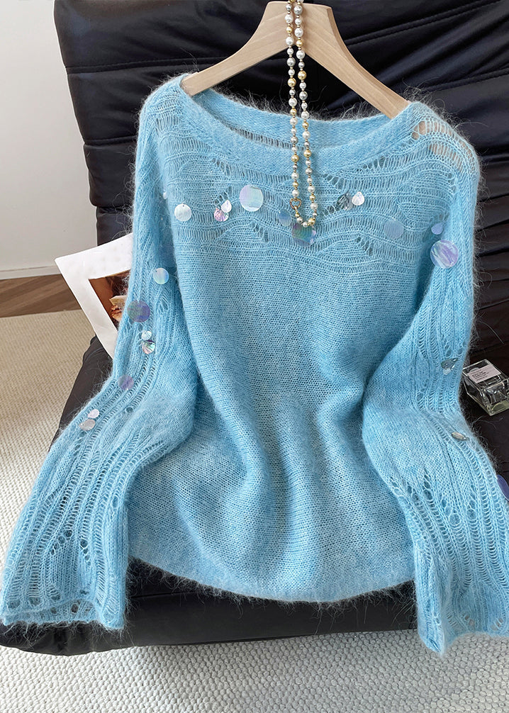 Stylish Blue Sequins Hollow Out Knit Sweater Fall - Image 4