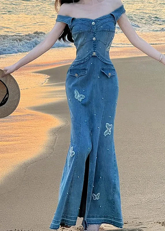 Stylish Blue Slash Neck Butterfly Front Open Denim Fish Tail Dress Sleeveless - Image 2