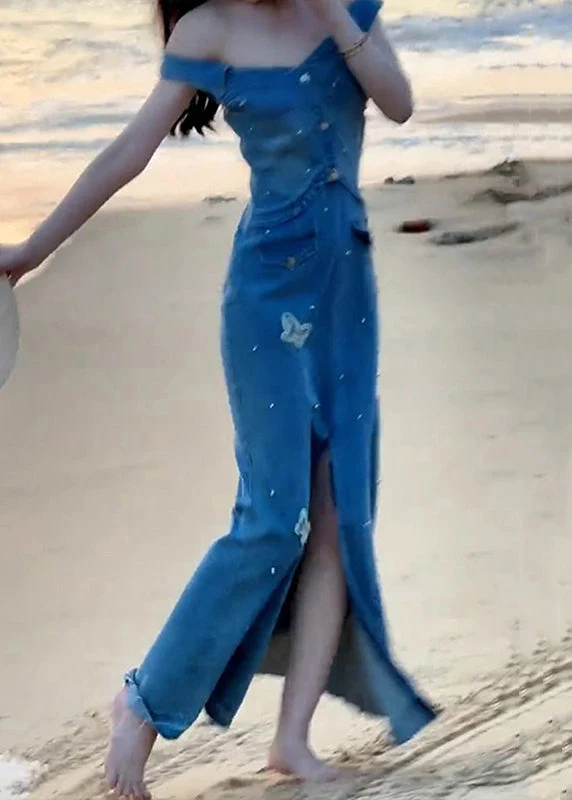 Stylish Blue Slash Neck Butterfly Front Open Denim Fish Tail Dress Sleeveless - Image 3