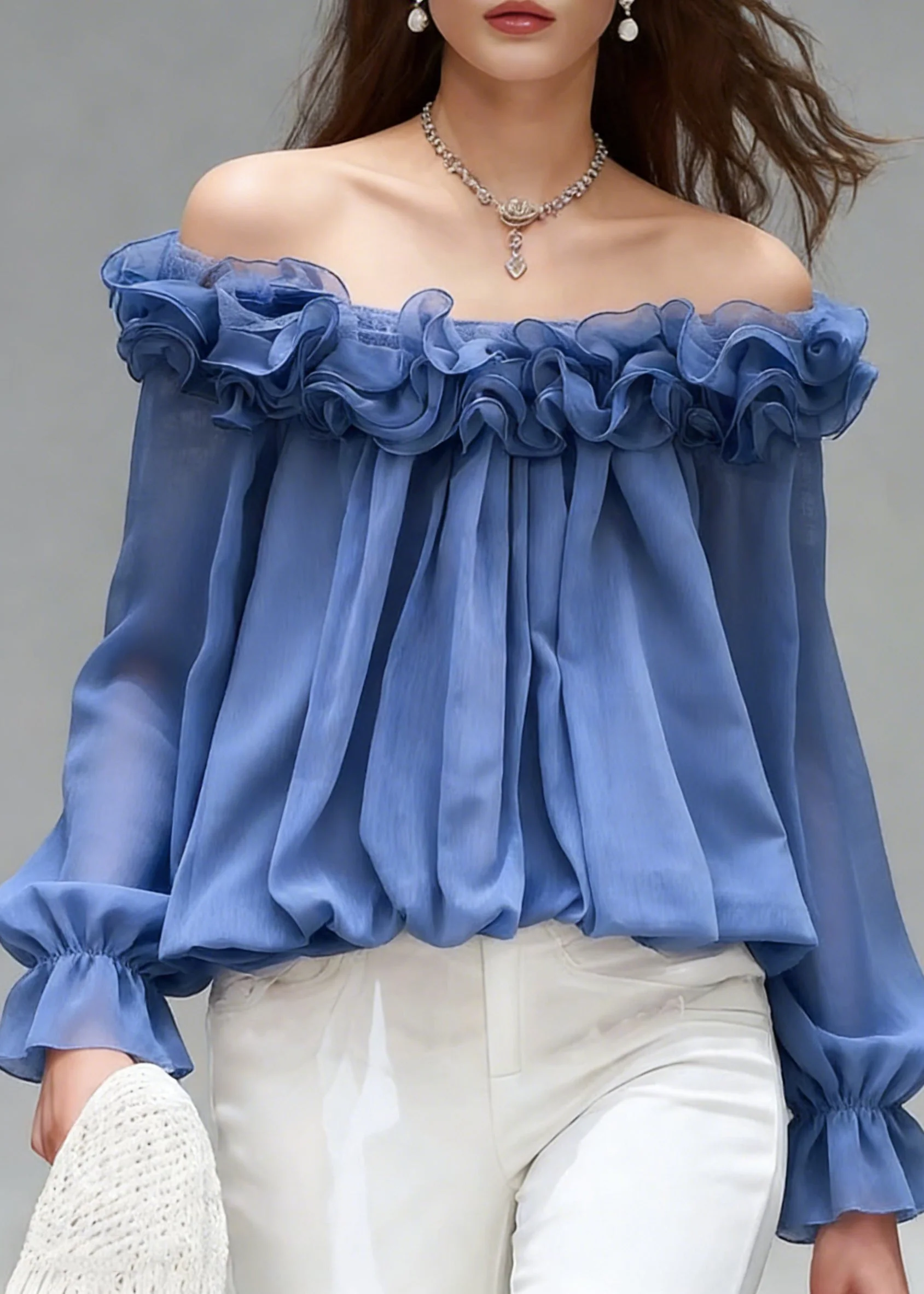 Stylish Blue Slash Neck Ruffled Chiffon Shirts Spring - Image 3