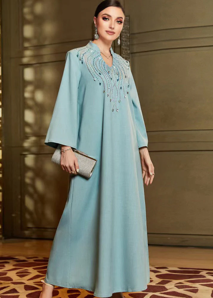 Stylish Blue Stand Zircon Collar Chiffon Long Dress Fall - Image 3