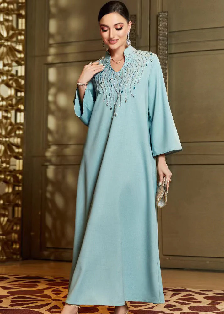 Stylish Blue Stand Zircon Collar Chiffon Long Dress Fall - Image 4
