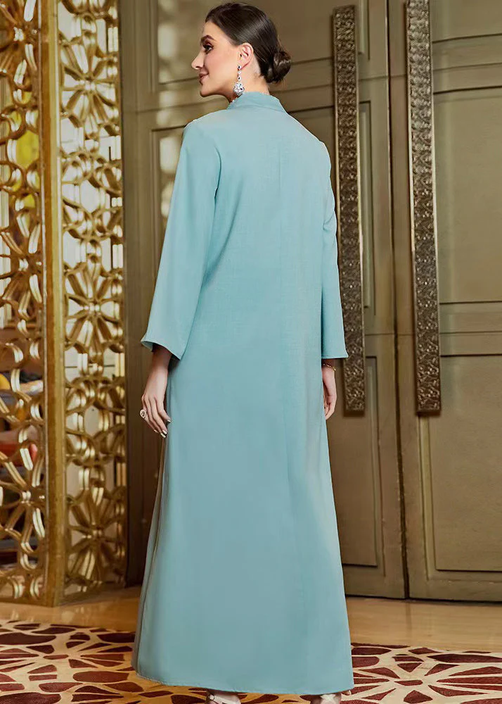 Stylish Blue Stand Zircon Collar Chiffon Long Dress Fall - Image 5