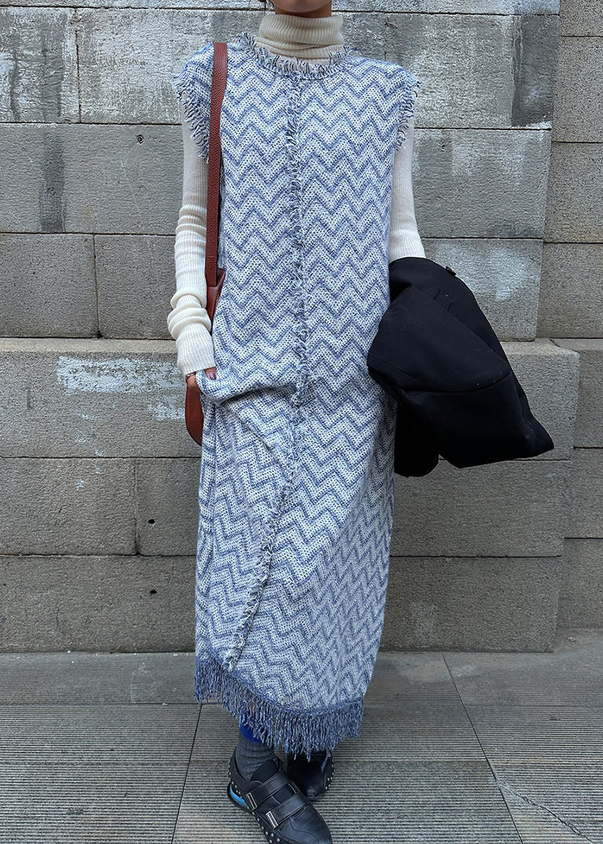 Stylish Blue Tasseled Knit Vest Dress Sleeveless - Image 3