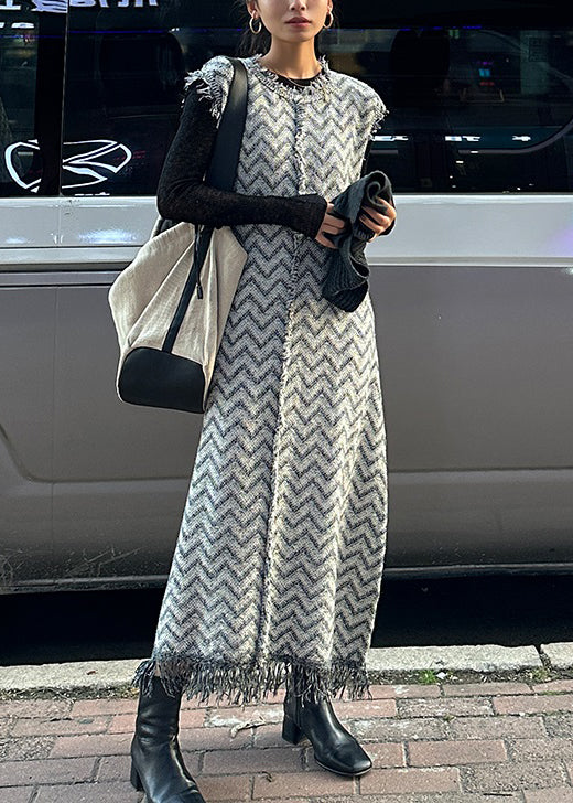 Stylish Blue Tasseled Knit Vest Dress Sleeveless - Image 4