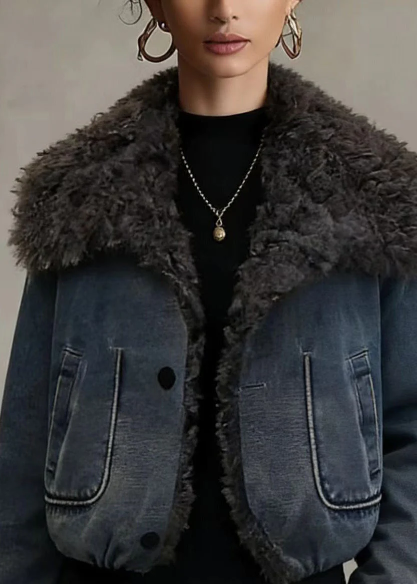 Stylish Blue Teddy Faux Fur Patchwork Fine Cotton Filled Jacket Winter - Image 2
