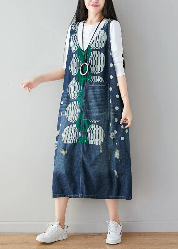 Stylish Blue V Neck Dot Print Denim Dress Sleeveless - Image 2