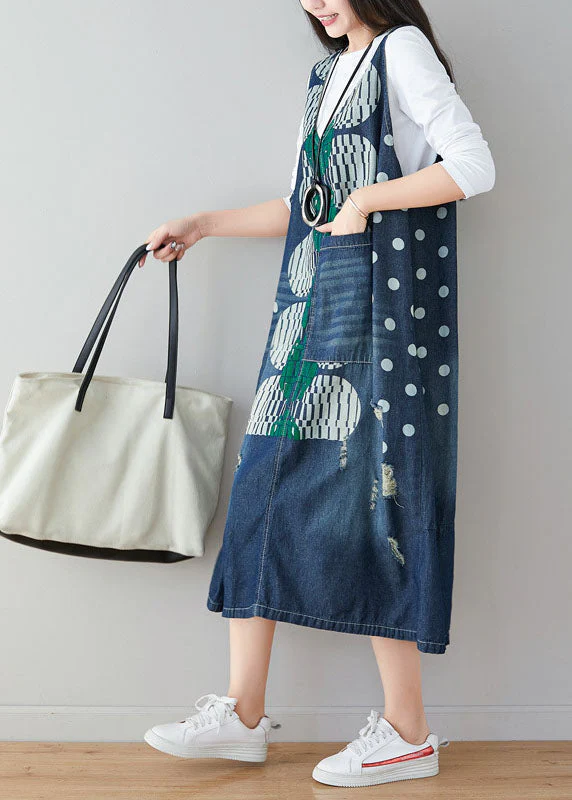 Stylish Blue V Neck Dot Print Denim Dress Sleeveless - Image 3