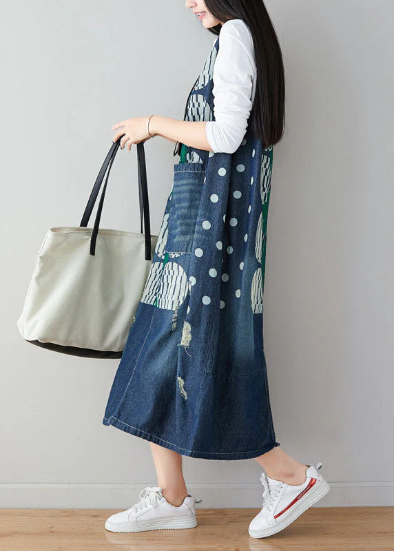 Stylish Blue V Neck Dot Print Denim Dress Sleeveless - Image 4