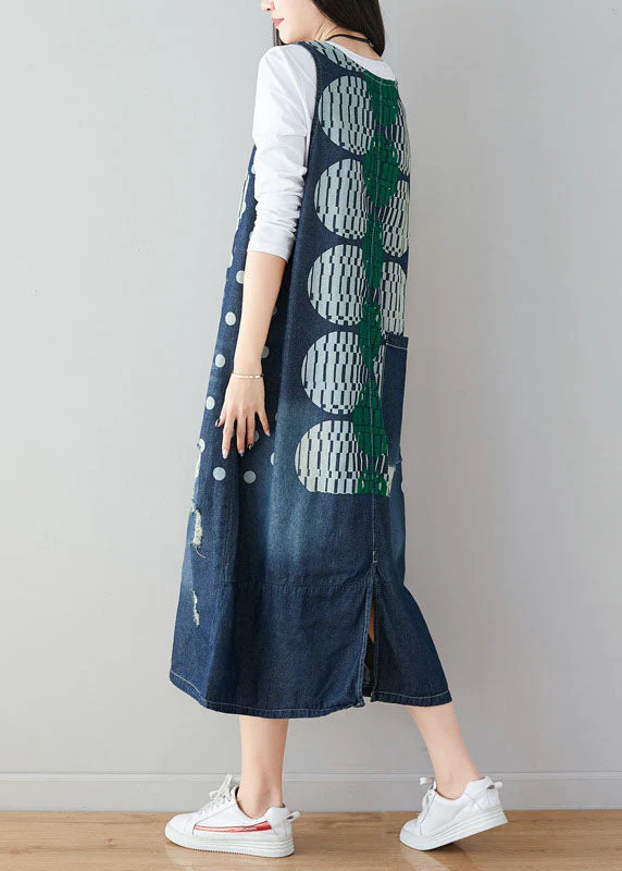 Stylish Blue V Neck Dot Print Denim Dress Sleeveless - Image 5