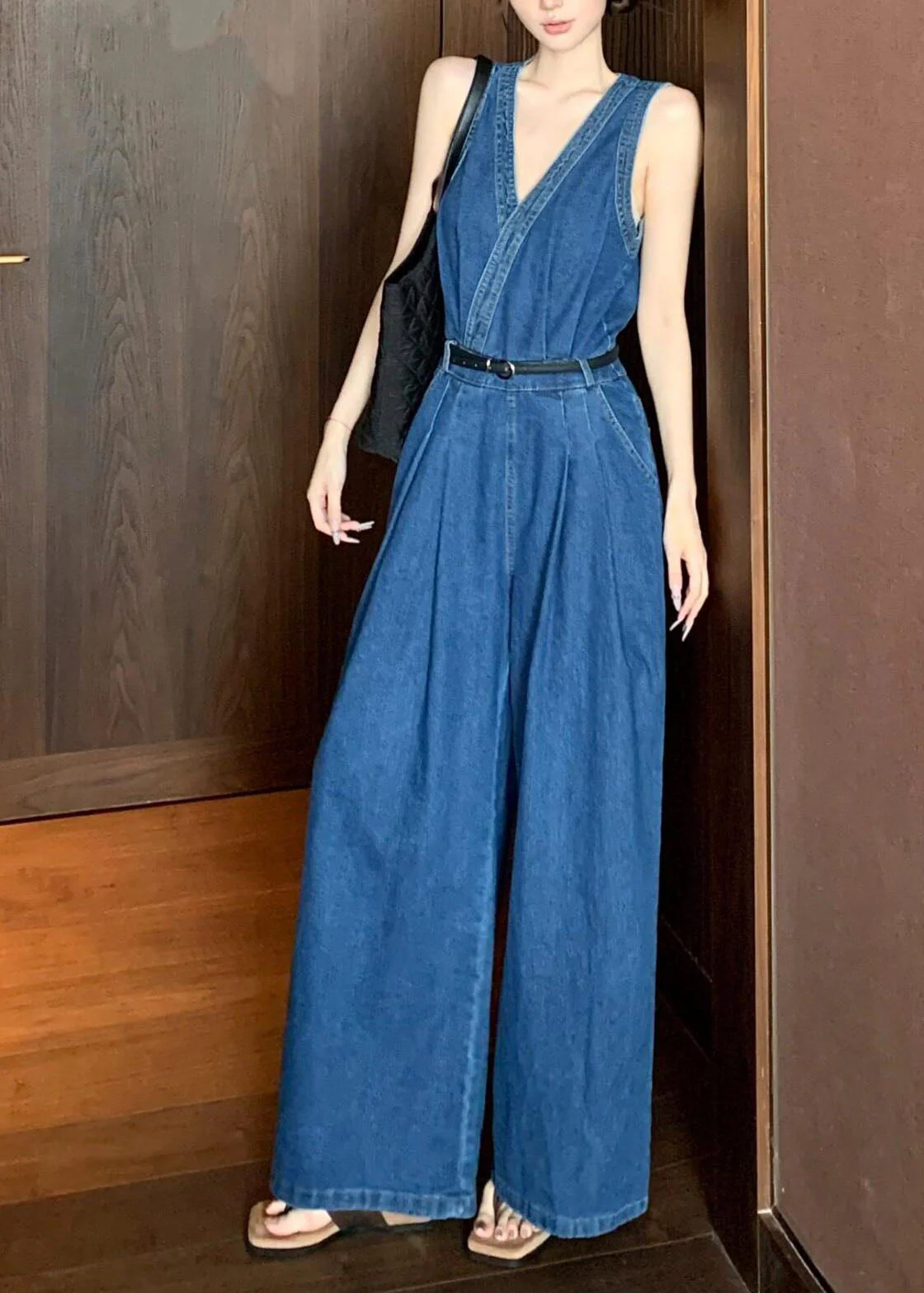 Stylish Blue V Neck Patchwork Denim Jumpsuits Sleeveless - Image 2