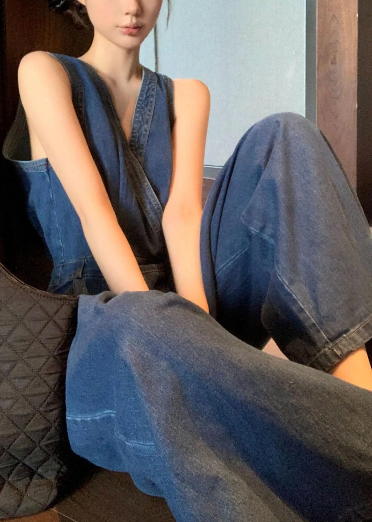 Stylish Blue V Neck Patchwork Denim Jumpsuits Sleeveless - Image 3