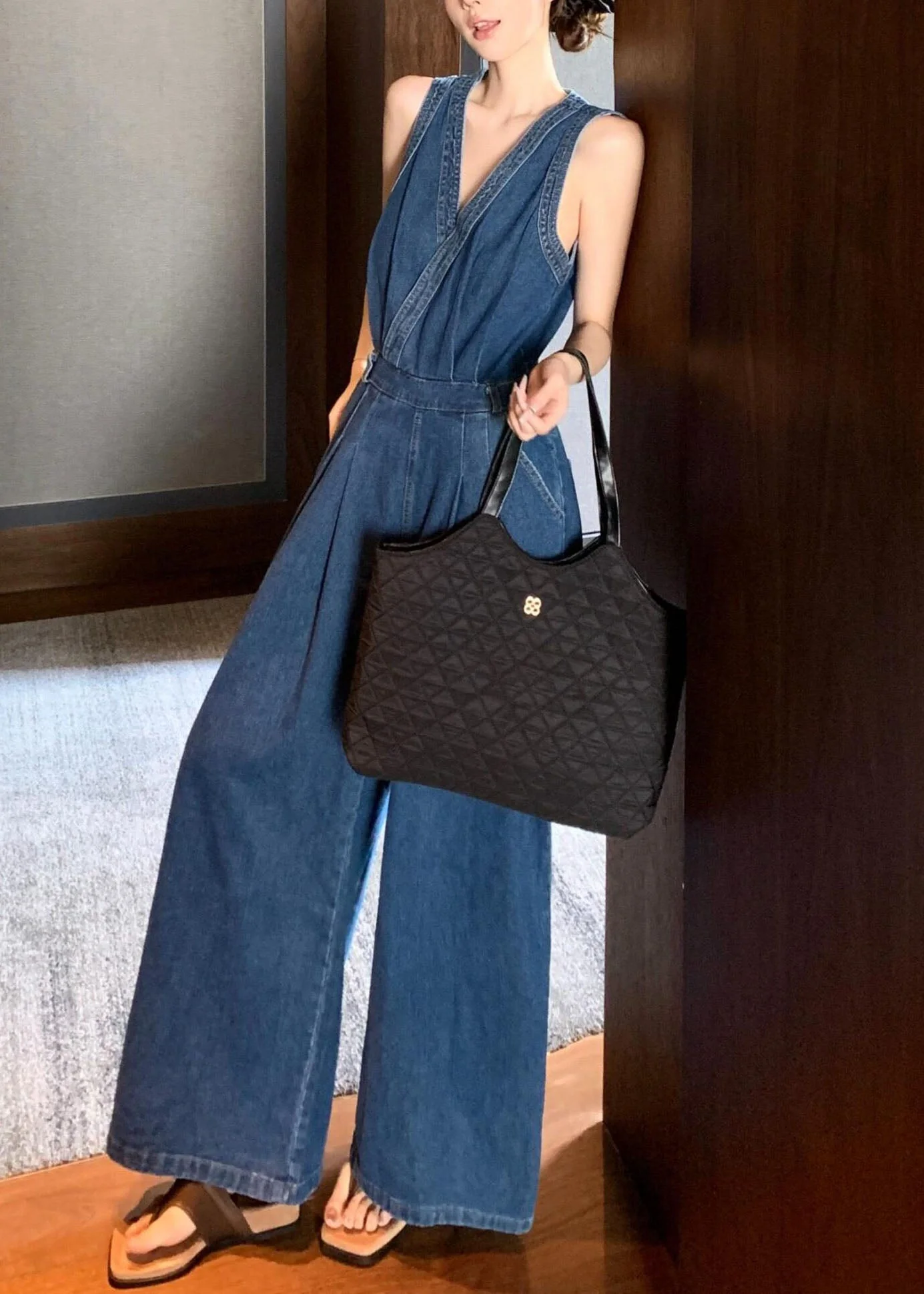 Stylish Blue V Neck Patchwork Denim Jumpsuits Sleeveless - Image 4