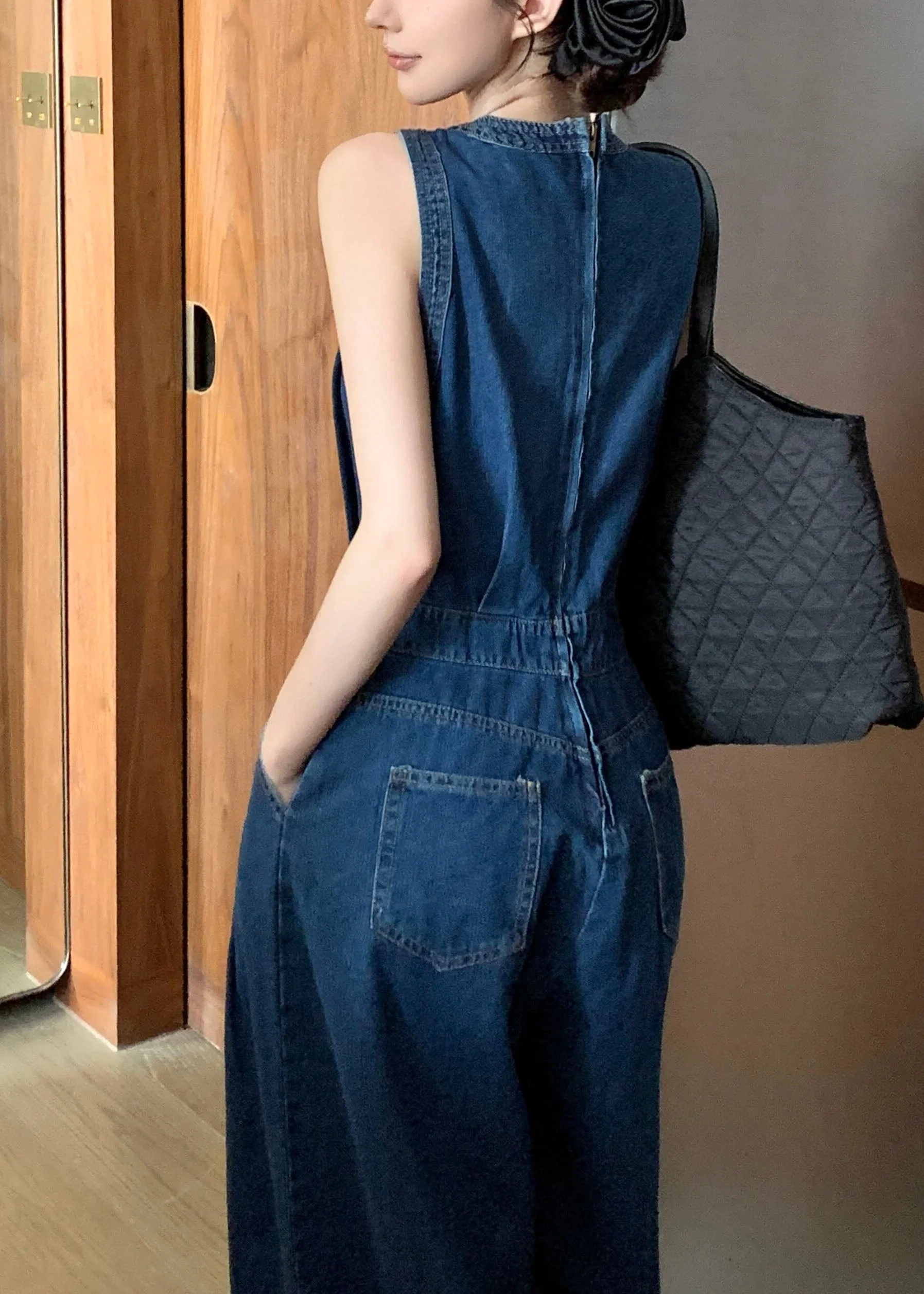 Stylish Blue V Neck Patchwork Denim Jumpsuits Sleeveless - Image 5