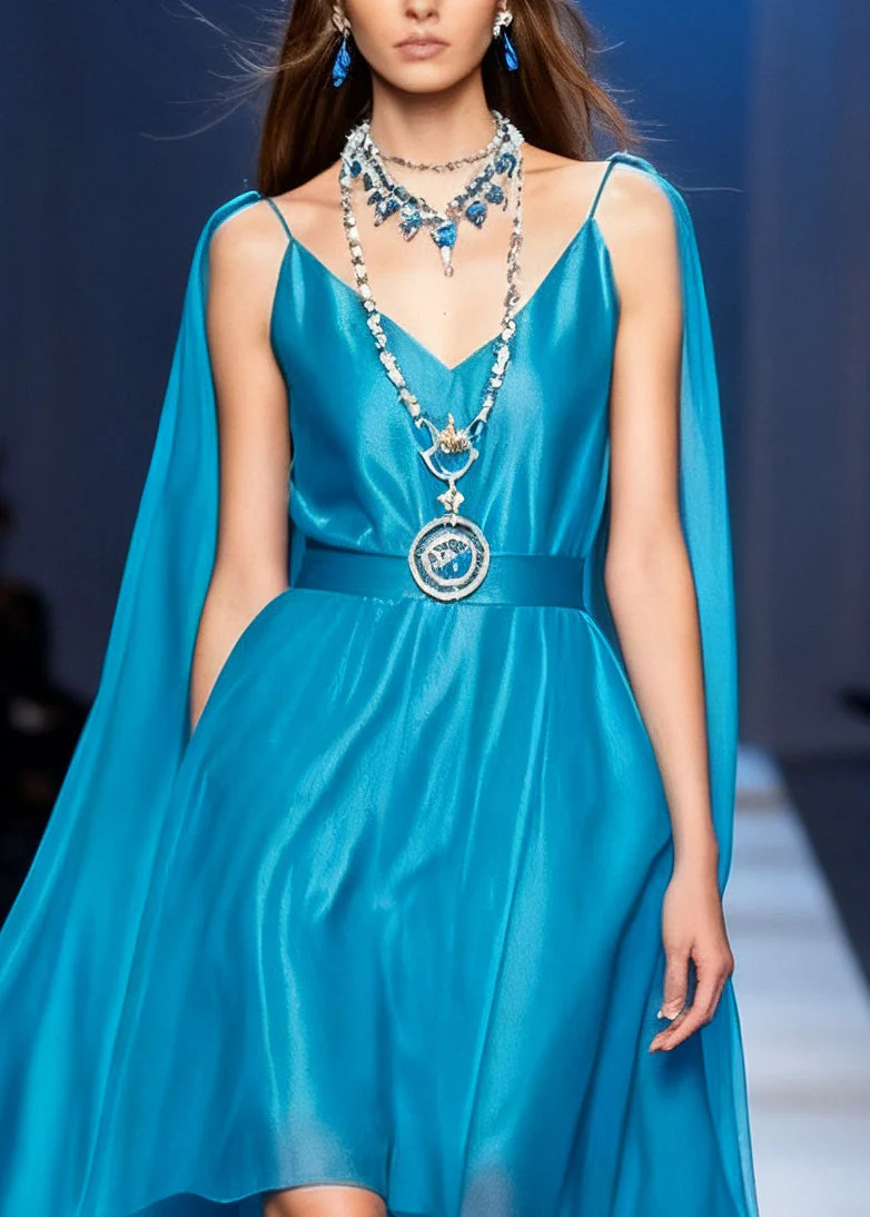 Stylish Blue V Neck Pockets Chiffon Long Dresses Sleeveless - Image 2
