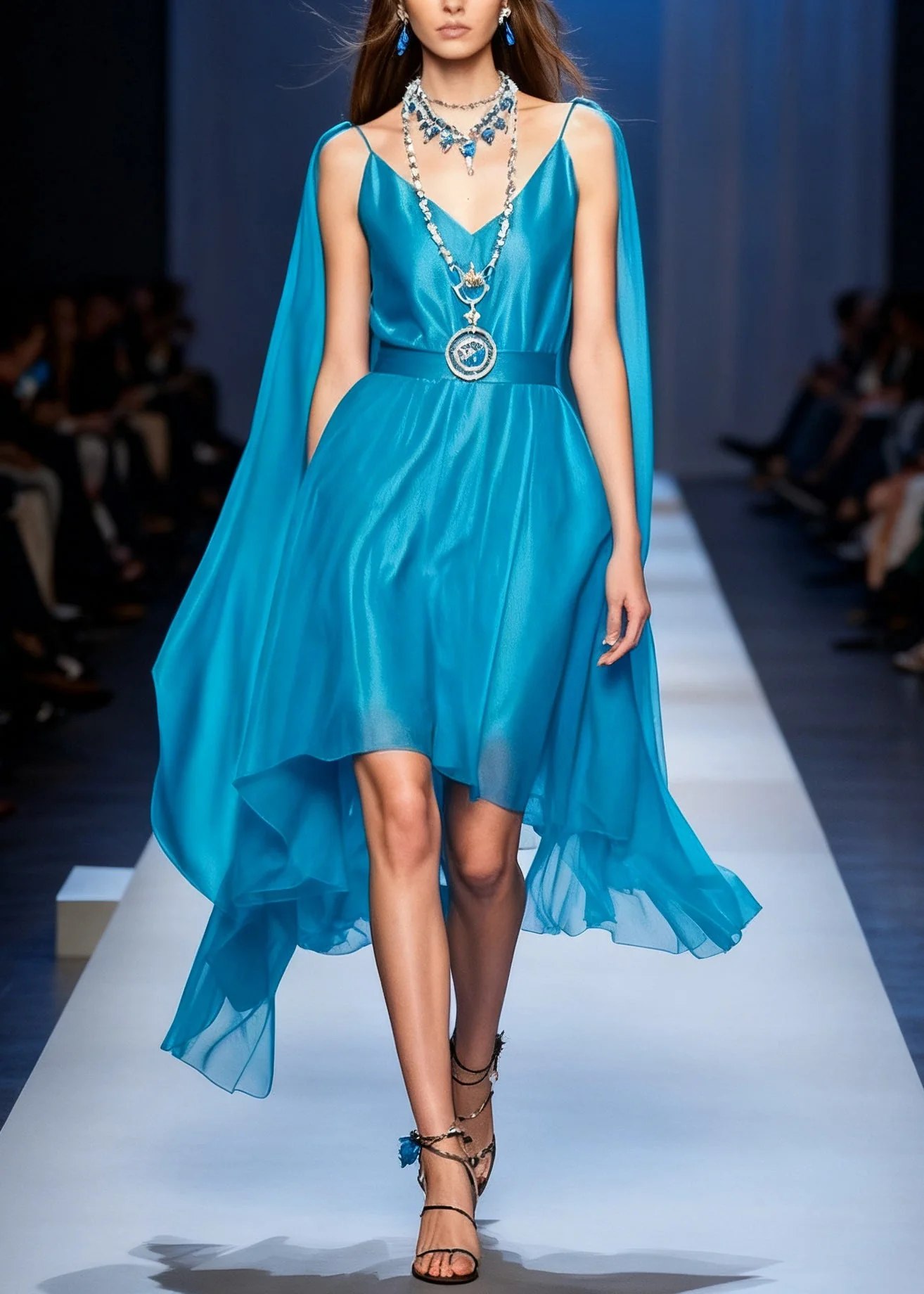 Stylish Blue V Neck Pockets Chiffon Long Dresses Sleeveless - Image 5
