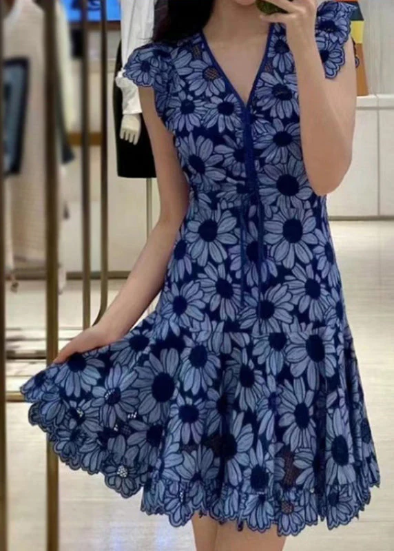 Stylish Blue V Neck Print Lace Up Cotton Mid Dress Summer - Image 2