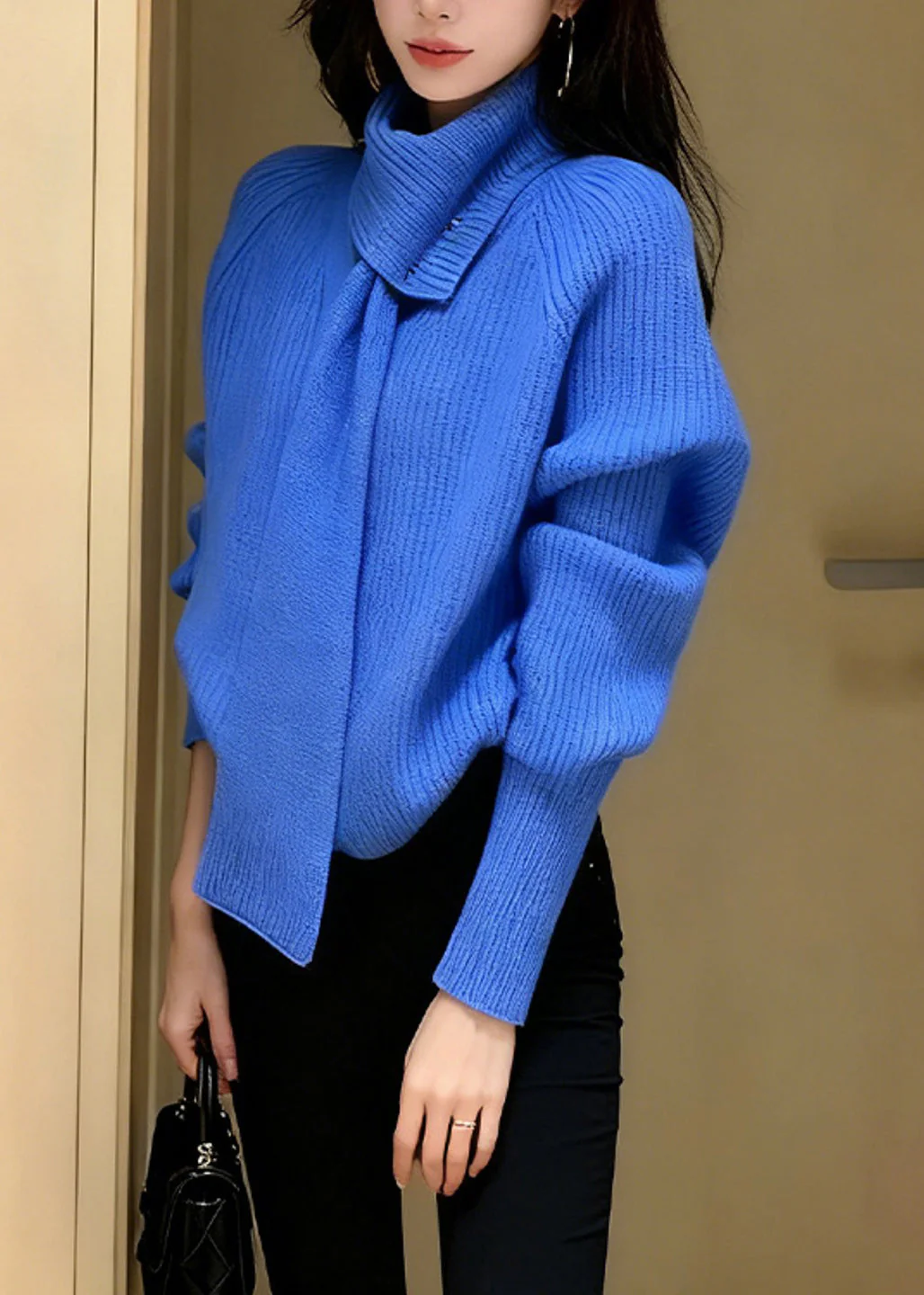 Stylish Blue V Neck With Scarf Knit Sweater Winter - Image 3