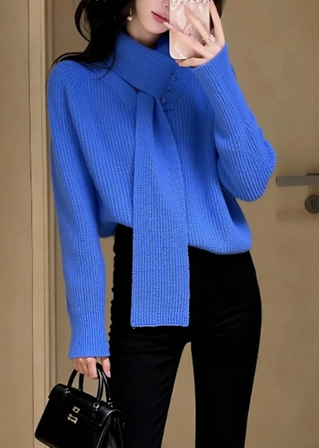 Stylish Blue V Neck With Scarf Knit Sweater Winter - Image 4